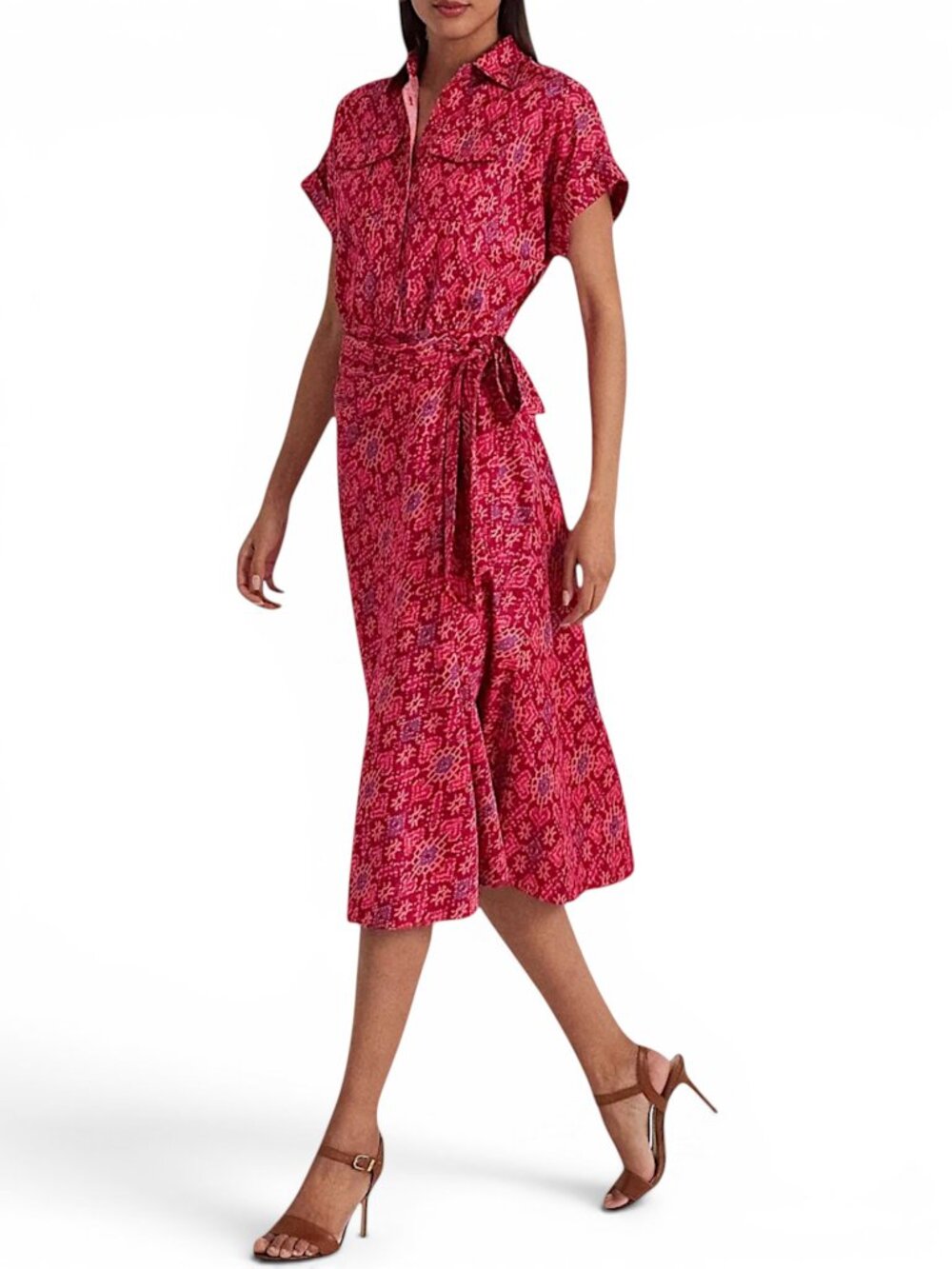 Ralph Lauren Fuchsia Pink Geo Print Ikat Shantung Tie Waist Dress New NWT 16
